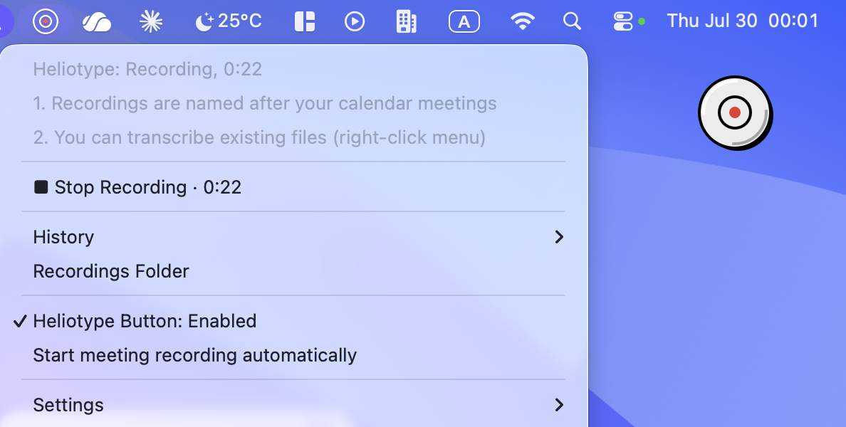The Heliotype menu open mid-recording, counting the elapsed time.